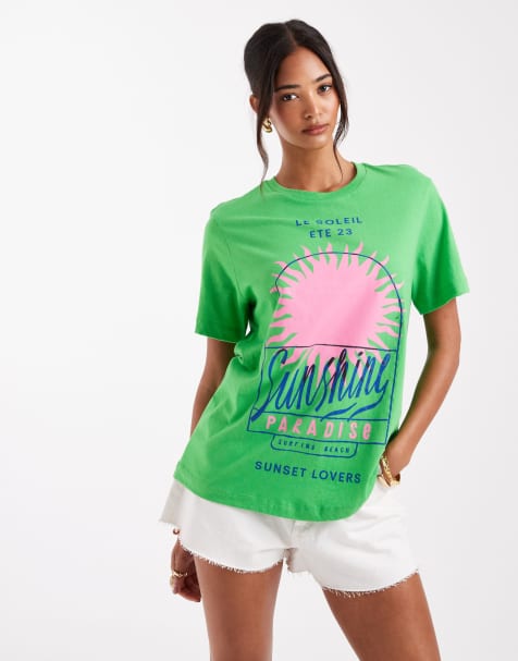 ASOS DESIGN linen look regular fit t-shirt with sunshine graphic in green - view 1