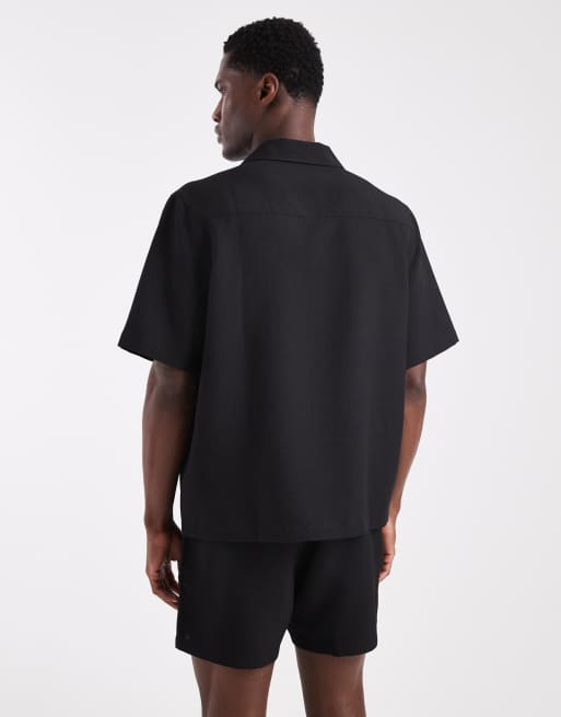 ASOS DESIGN linen look relaxed camp collar shirt in black - part of a set, 4 of 6
