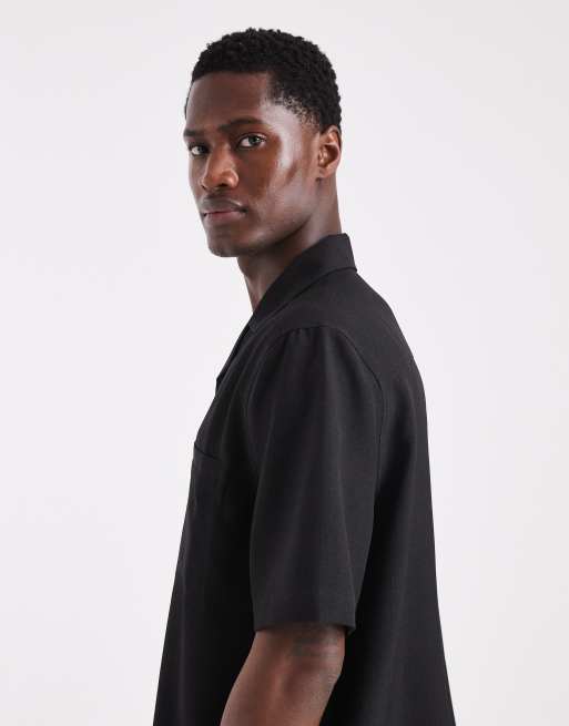 ASOS DESIGN linen look relaxed camp collar shirt in black - part of a set, 5 of 6