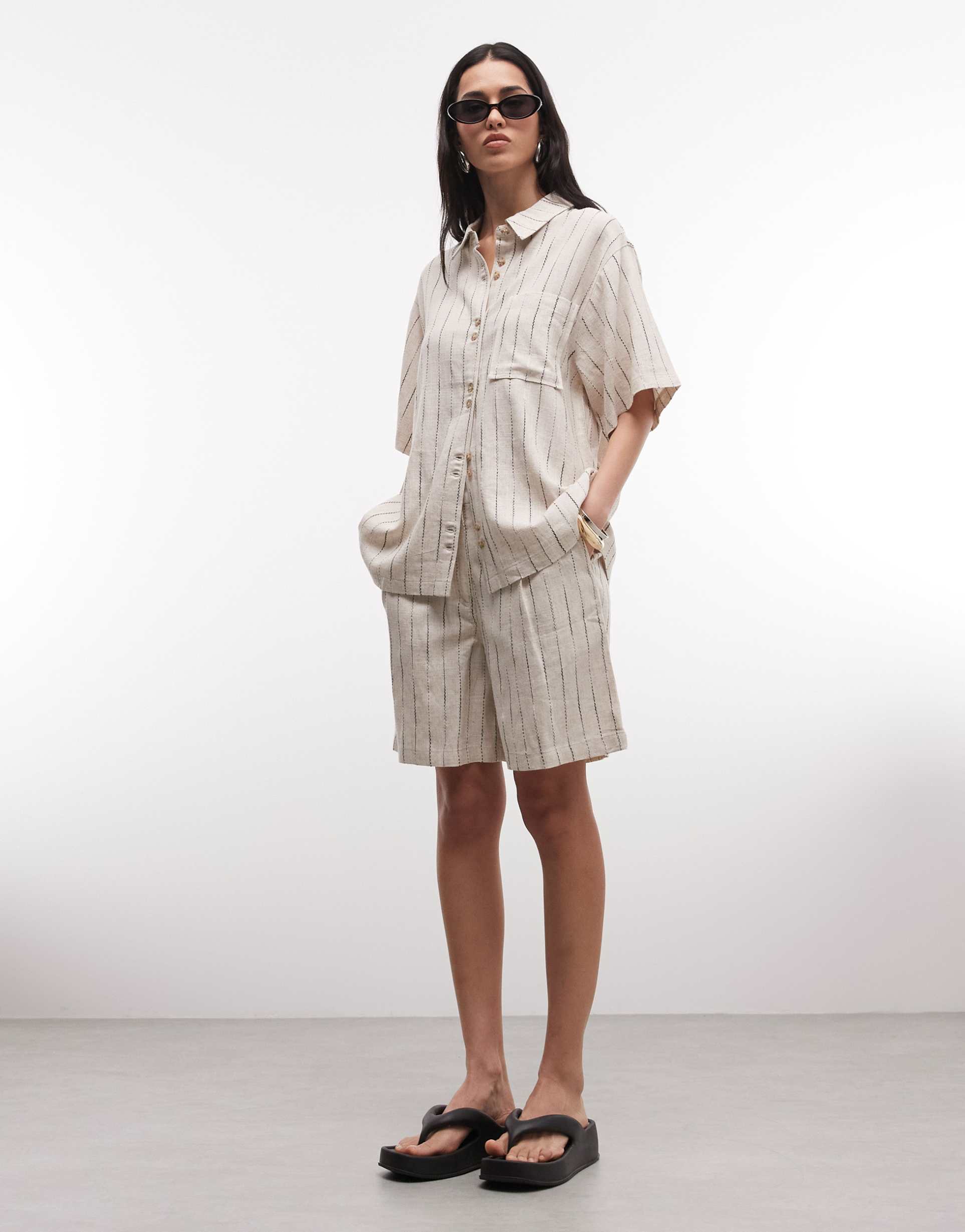 asos design linen look relaxed dad shorts in natural stripes