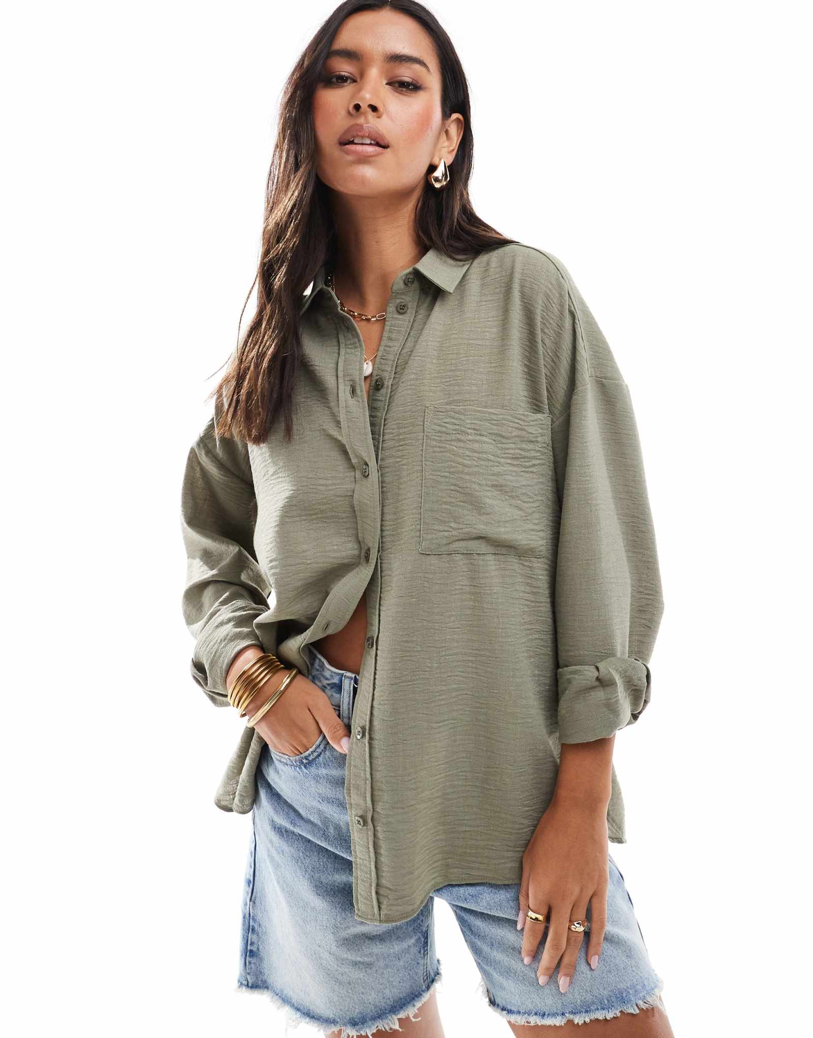 ДИЗАЙНЕРСКАЯ льняная рубашка ASOS цвета хаки в непринужденном стиле 6590₽