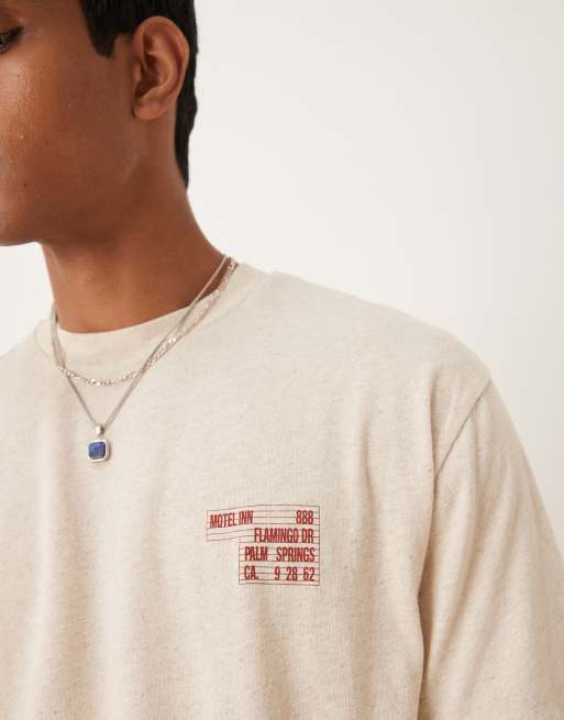 ASOS DESIGN linen look relaxed T-shirt with motel graphic in natural , 2 of 4