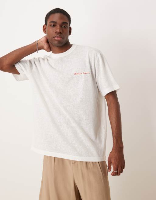 ASOS DESIGN linen look relaxed t-shirt with riviera graphic in off white, 4 of 4