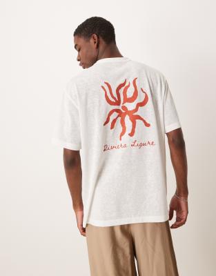 Asos Design Linen Look Relaxed T-shirt With Riviera Ligure Graphic In White