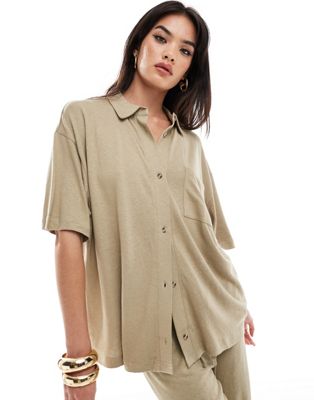 Asos Design Linen Look Resort Shirt In Taupe-neutral