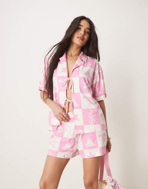 ASOS DESIGN linen look revere shirt and shorts set in pink shell print - view 1
