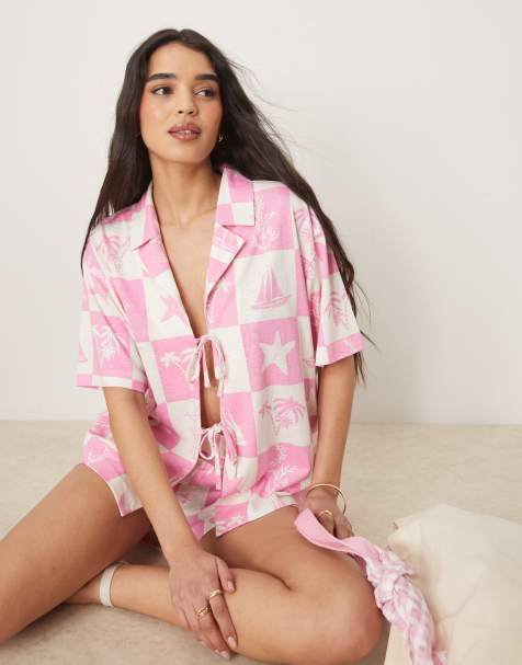 ASOS DESIGN linen look revere shirt co-ord in pink shell print - view 1