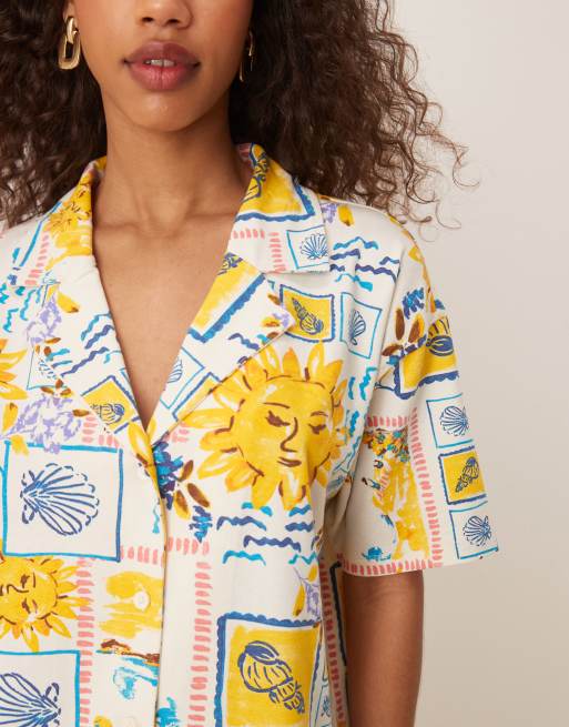 ASOS DESIGN linen look revere shirt co-ord in postcard print, 3 of 4