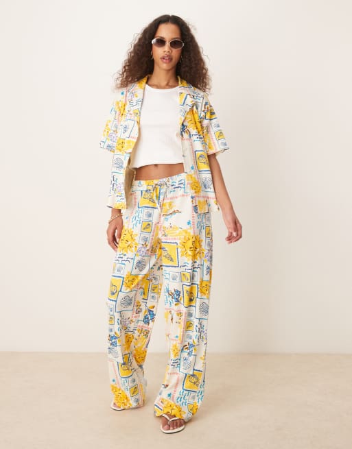 ASOS DESIGN linen look revere shirt in postcard print - part of a set