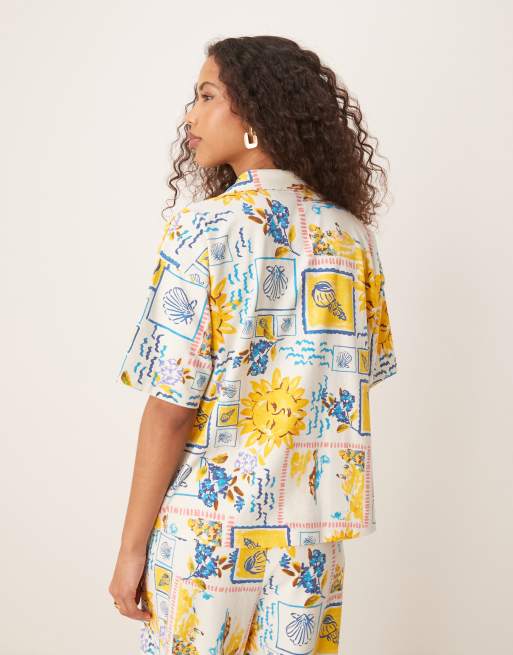 ASOS DESIGN linen look revere shirt in postcard print - part of a set