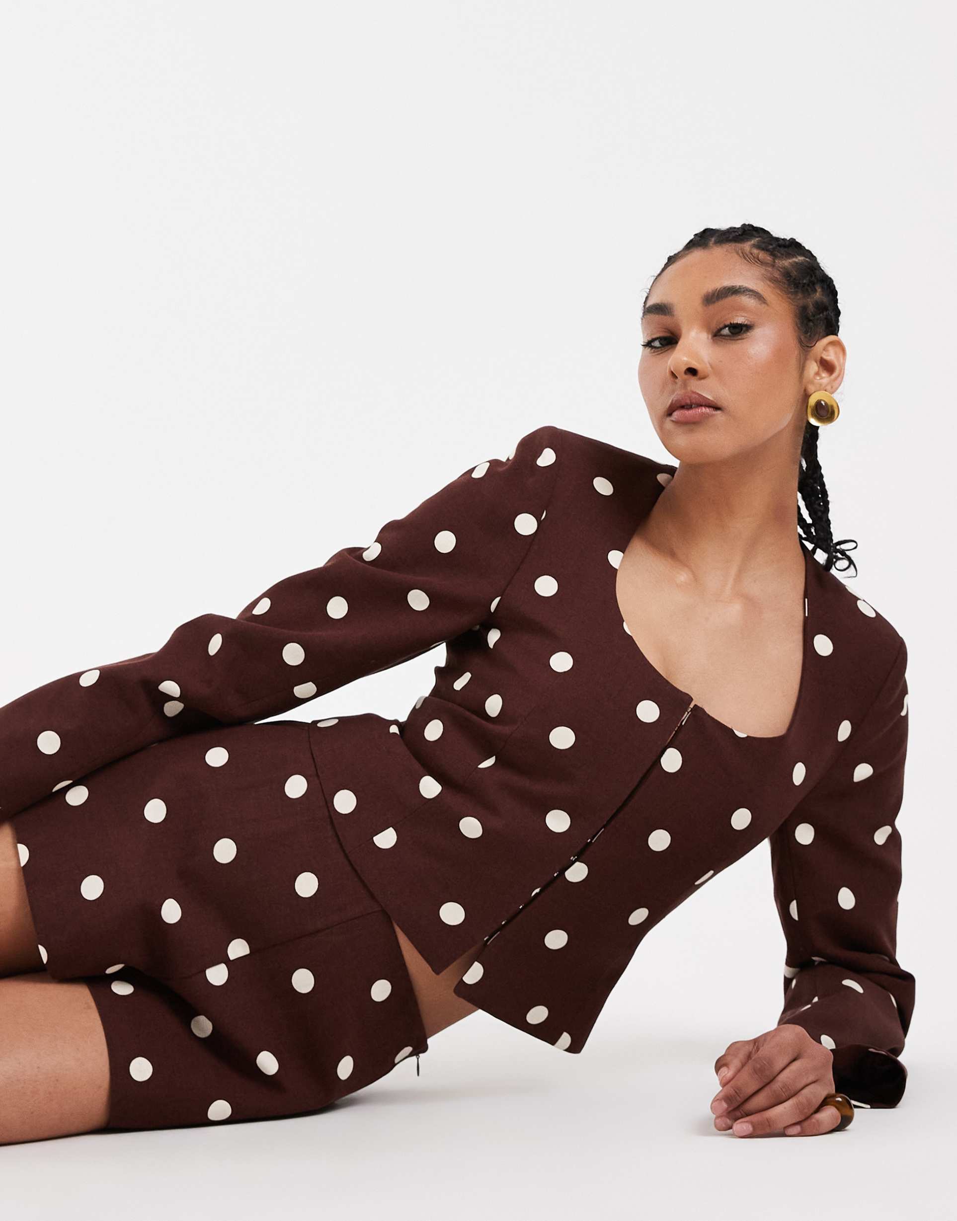 asos design linen look round neck blazer in brown polka dot print