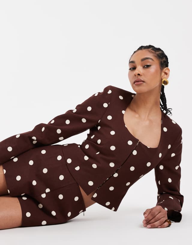 ASOS DESIGN linen look round neck blazer in brown polka dot print