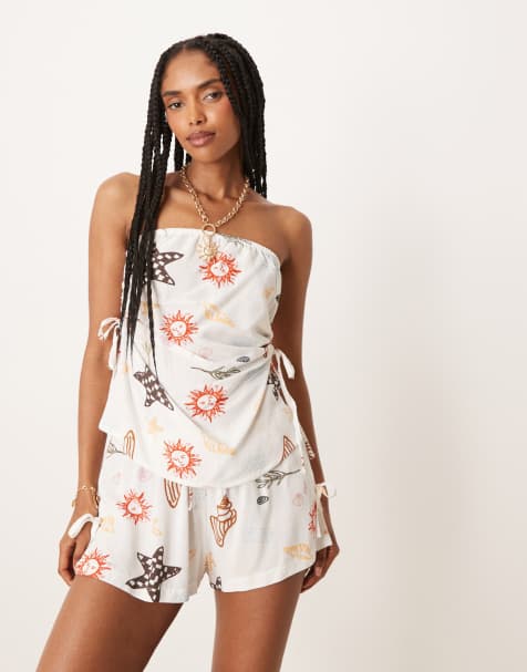 ASOS DESIGN linen look ruched tie side bandeau top in vacation print - part of a set - view 1
