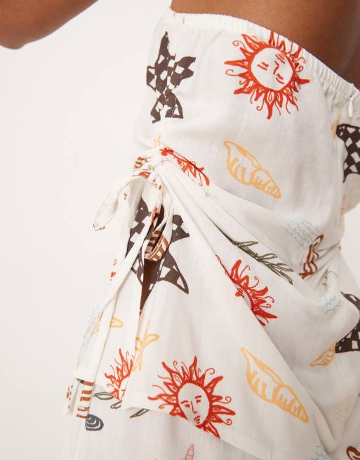 ASOS DESIGN linen look ruched tie side bandeau top in vacation print - part of a set, 3 of 4