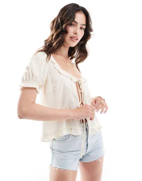 ASOS DESIGN linen look scoop neck frill blouse in white - view 1