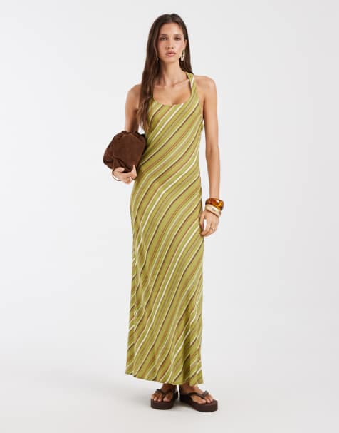 ASOS DESIGN linen look scoop neck maxi dress in green stripe - view 1