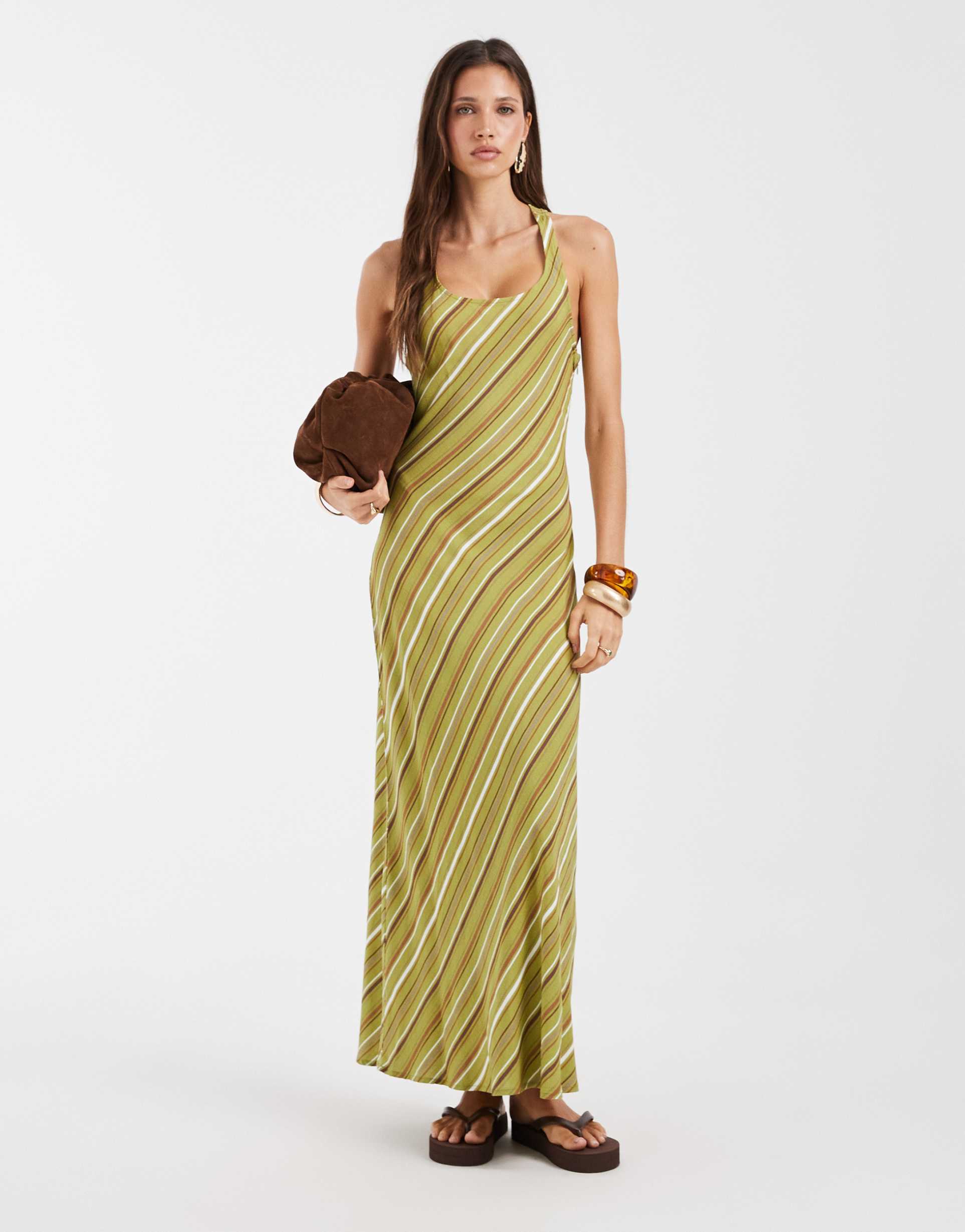 asos design linen look scoop neck maxi dress in green striped print