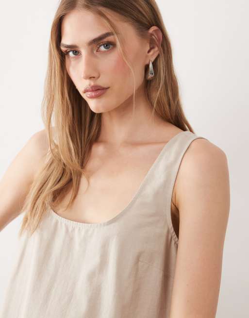 ASOS DESIGN linen-look scoop neck mini dress in neutral, 3 of 4
