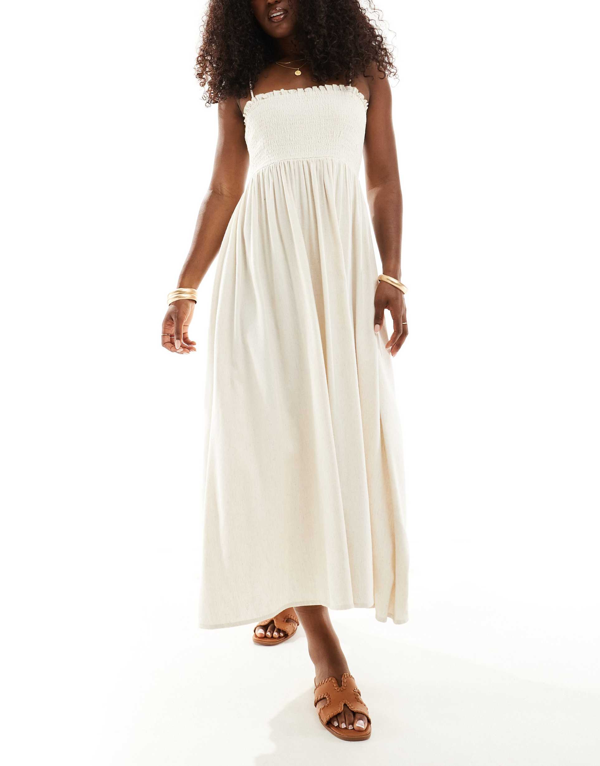 asos design linen look shirred bandeau beach midi dress in cream