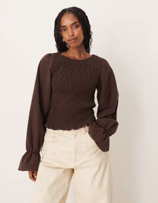Asos Design Linen Look Shirred Blouse In Brown
