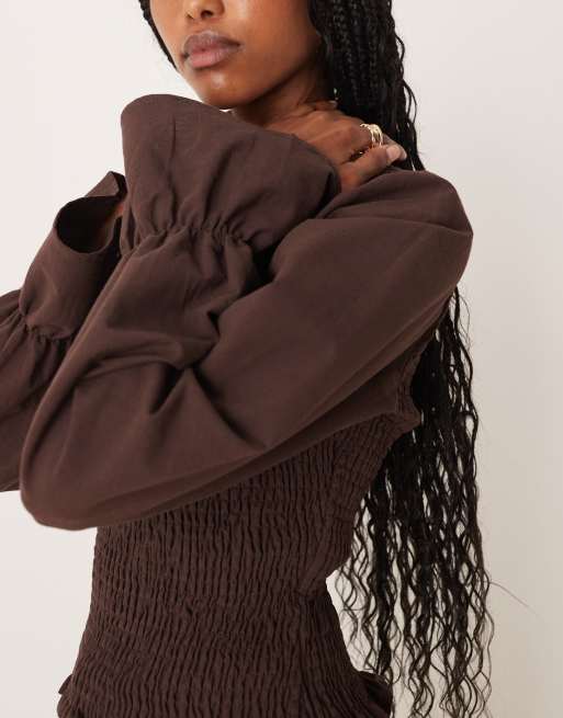 ASOS DESIGN linen look shirred blouse in chocolate, 2 of 4