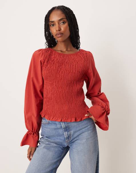 ASOS DESIGN linen look shirred blouse in red - view 1