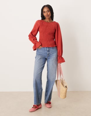 Asos Design Linen Look Shirred Blouse In Red
