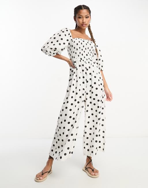 ASOS DESIGN linen look shirred bodice puff sleeve jumpsuit in mono spot ...