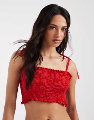 Asos Design Linen Look Shirred Bralet Top In Red
