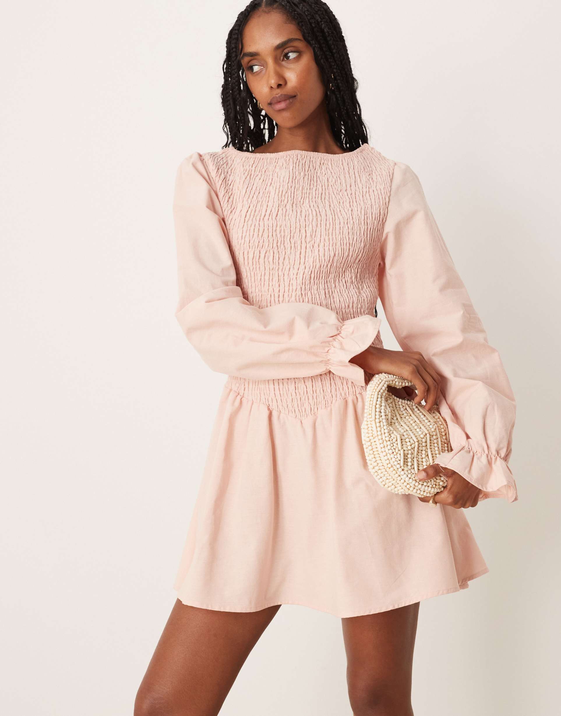 asos design linen look shirred mini dress in pink