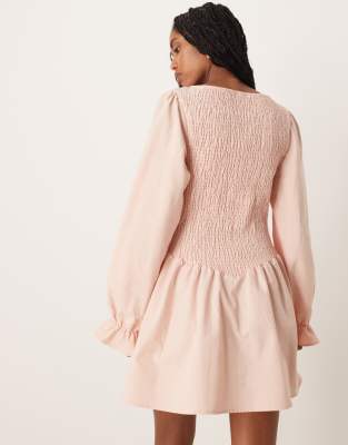 ASOS DESIGN linen look shirred mini dress in pink | ASOS