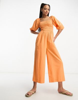 ASOS DESIGN linen look shirred puff sleeve jumpsuit in orange