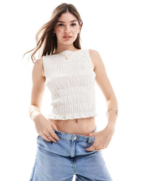 ASOS DESIGN linen look shirred slash neck top in white - view 1