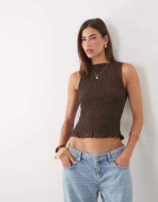 Asos Design Linen Look Shirred Tank Top In Brown