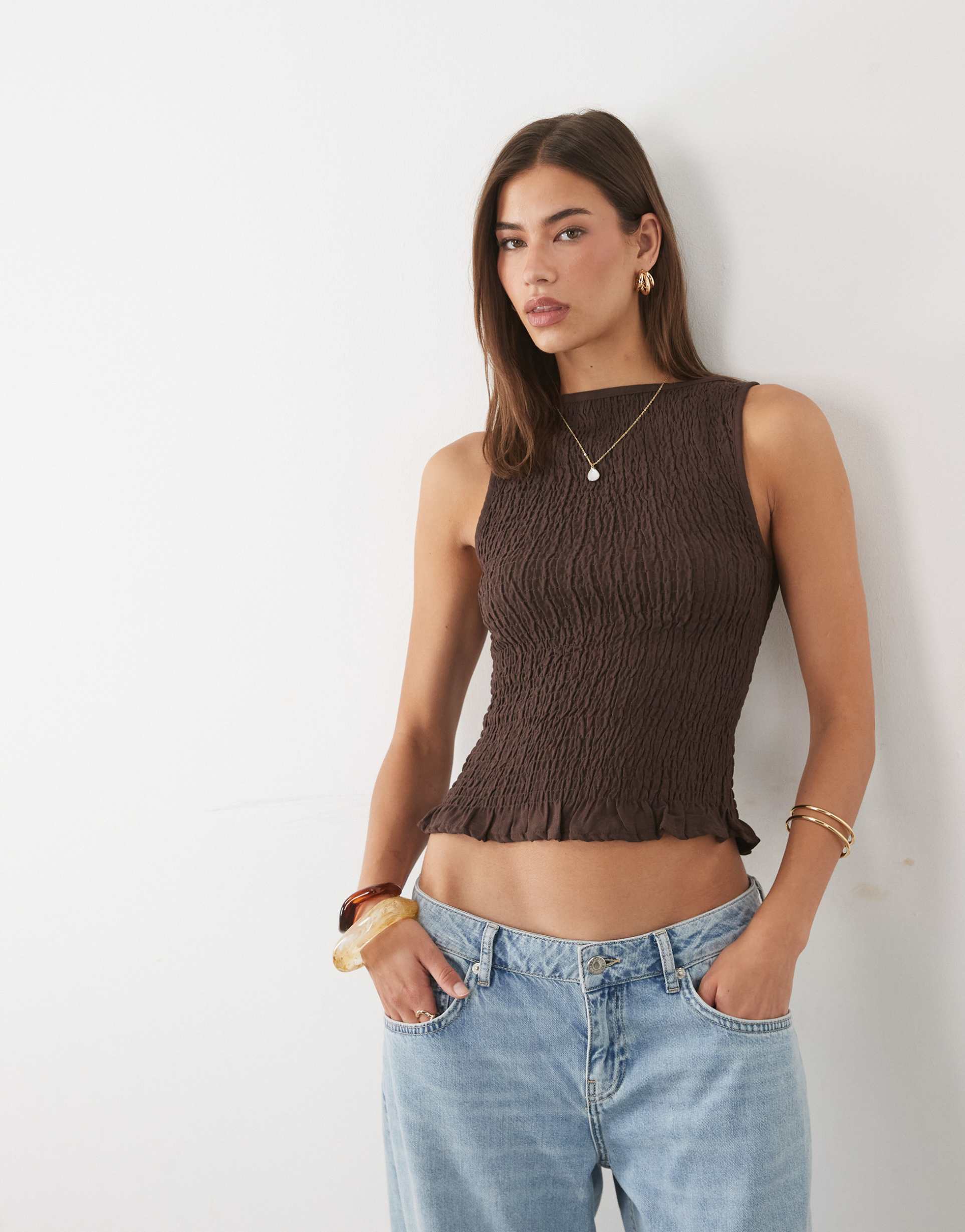 asos design linen look shirred tank top in chocolate