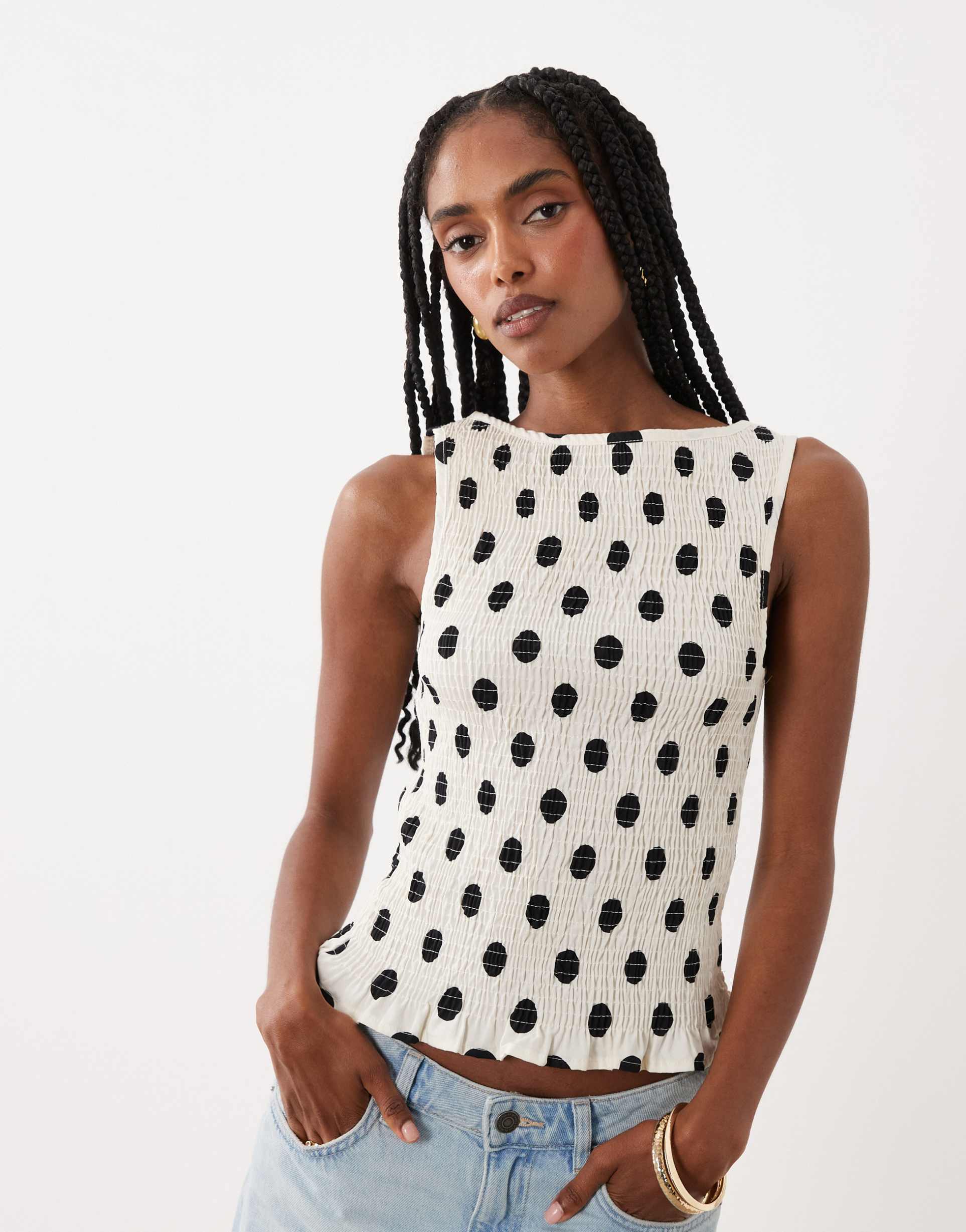 asos design linen look shirred tank top in polka dots