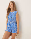 [ASOS DESIGN] ASOS DESIGN linen look shirred top in blue abstract print (part of a set) S Blue abstract