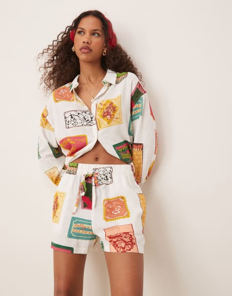 ASOS DESIGN linen look shirt and shorts set in matchbox print - view 1