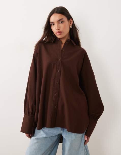 ASOS DESIGN linen look shirt in chocolate - view 1