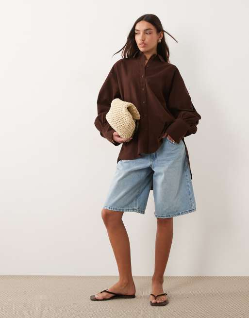 ASOS DESIGN linen look shirt in chocolate, 3 of 4