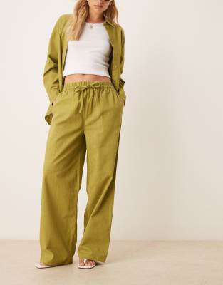 asos ASOS DESIGN linen look shirt short and trousers co-ord in olive