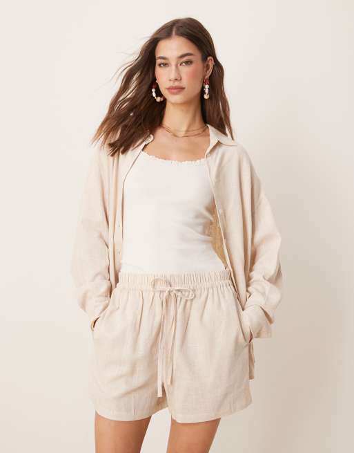 ASOS DESIGN linen look shirt, shorts and trousers co-ord in stone