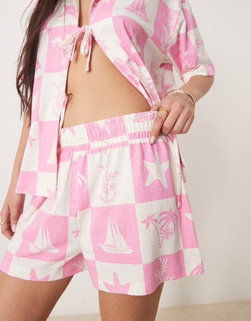 ASOS DESIGN linen look short in pink shell print - part of a set, 2 of 4