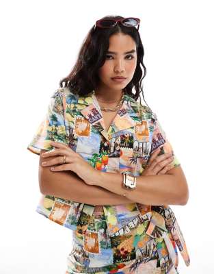 Asos Design Linen Look Short Sleeve Shirt In Postcard Print - Part Of A Set-multi