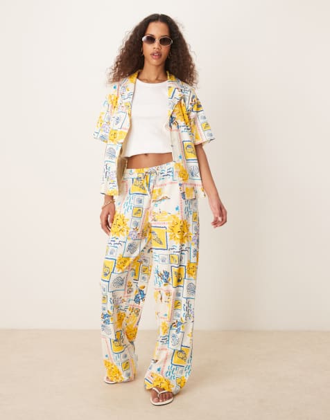 ASOS DESIGN linen look shorts, trousers and shirt co-ord in postcard print - view 1