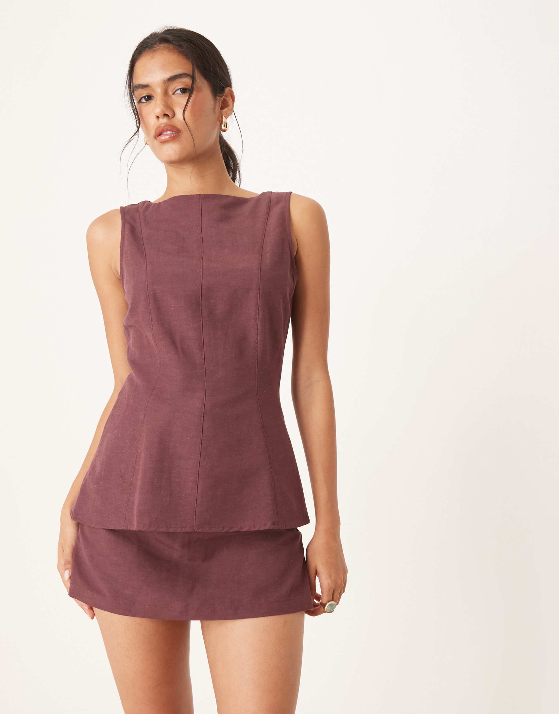 asos design linen look skort in plum - part of a set