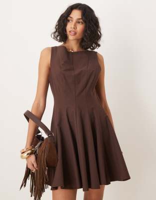 Asos Design Linen Look Slash Neck Seamed Fit And Flare Mini Dress In Black