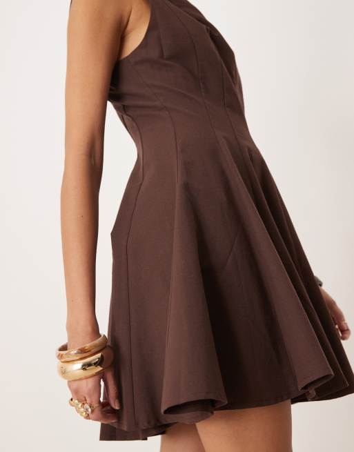 ASOS Design linen look slash neck seamed fit and flare mini dress in chocolate-Black