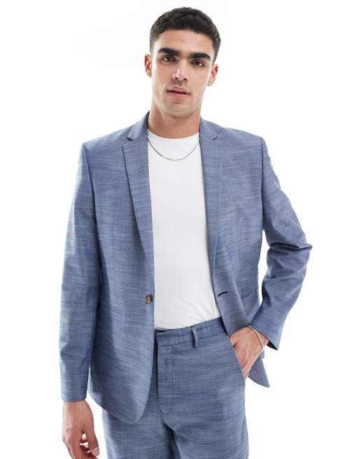 ASOS DESIGN linen look slim suit jacket in blue | ASOS