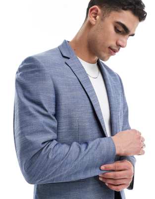 Asos Design Linen Look Slim Suit Jacket In Blue